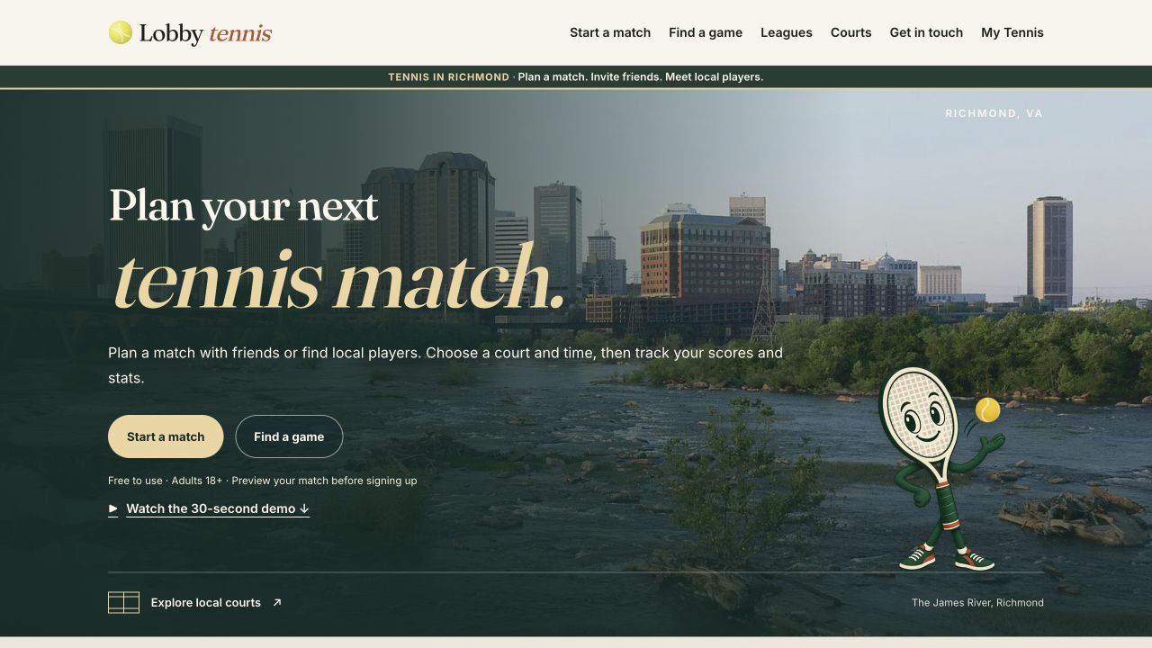 Lobby Tennis website showing its Richmond match-planning homepage